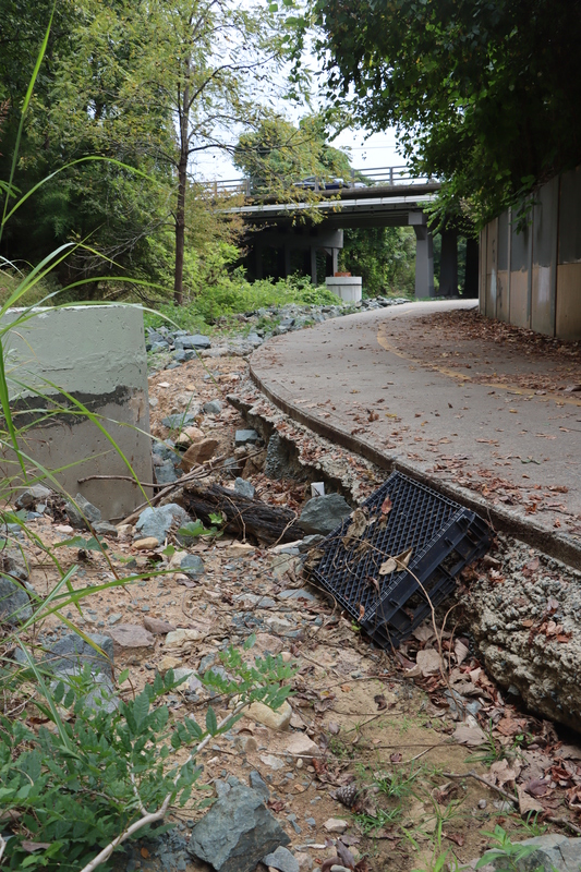 The curve of a trail with the scouring washed away.