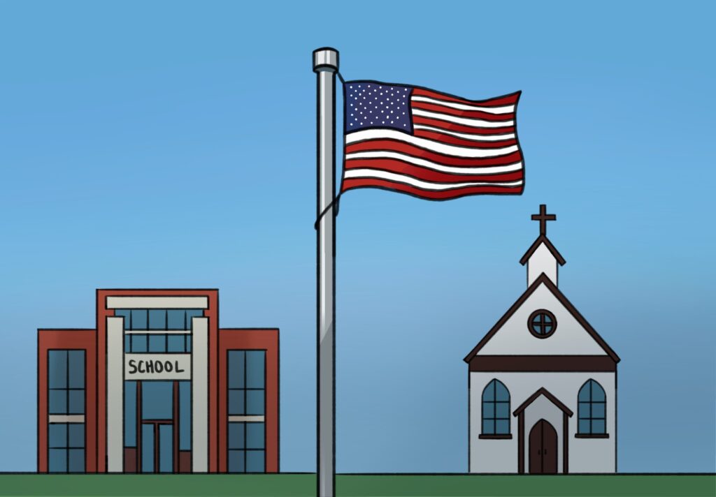 There is a light blue sky background. In the middle ground there is a school building on the left, on the right is a church. In the foreground is an American flag raised on a pole.