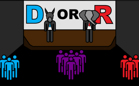 A gray cartoon Donkey and Elephant, representing the Democratic and Republican Party, respectively, share a brown stage. To the left of the donkey is a blue "D" for Democrat, and to the right of the elephant is a red "R" for Republican with a gray background. The donkey and elephant face a cartoon audience, with people shaded blue on the left to symbolize the Democrat voters, purple for unaffiliated voters and red for Republican voters.