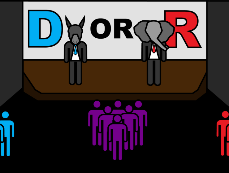 A gray cartoon Donkey and Elephant, representing the Democratic and Republican Party, respectively, share a brown stage. To the left of the donkey is a blue "D" for Democrat, and to the right of the elephant is a red "R" for Republican with a gray background. The donkey and elephant face a cartoon audience, with people shaded blue on the left to symbolize the Democrat voters, purple for unaffiliated voters and red for Republican voters.