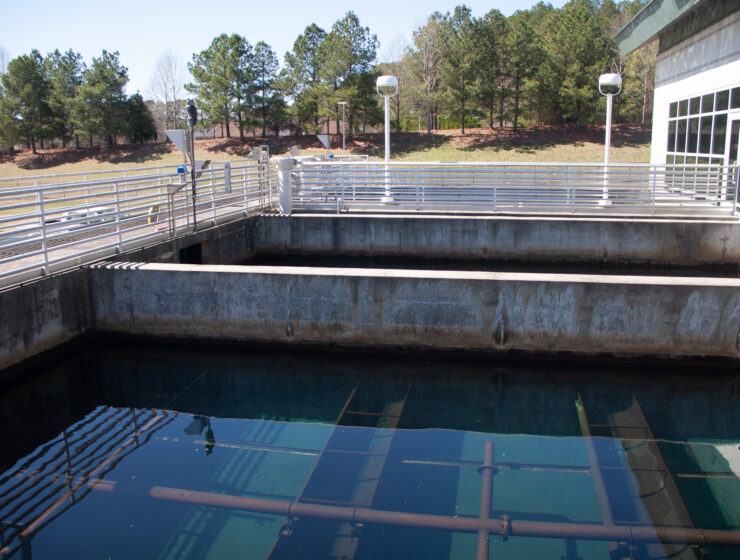 Still water sits in a reservoir at the Dempsey E. Benton Water Treatment Plant in Raleigh