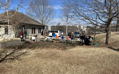Distribution taking place in downtown Asheville.
