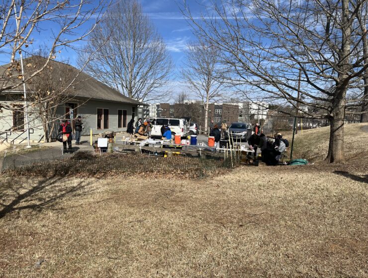 Distribution taking place in downtown Asheville.