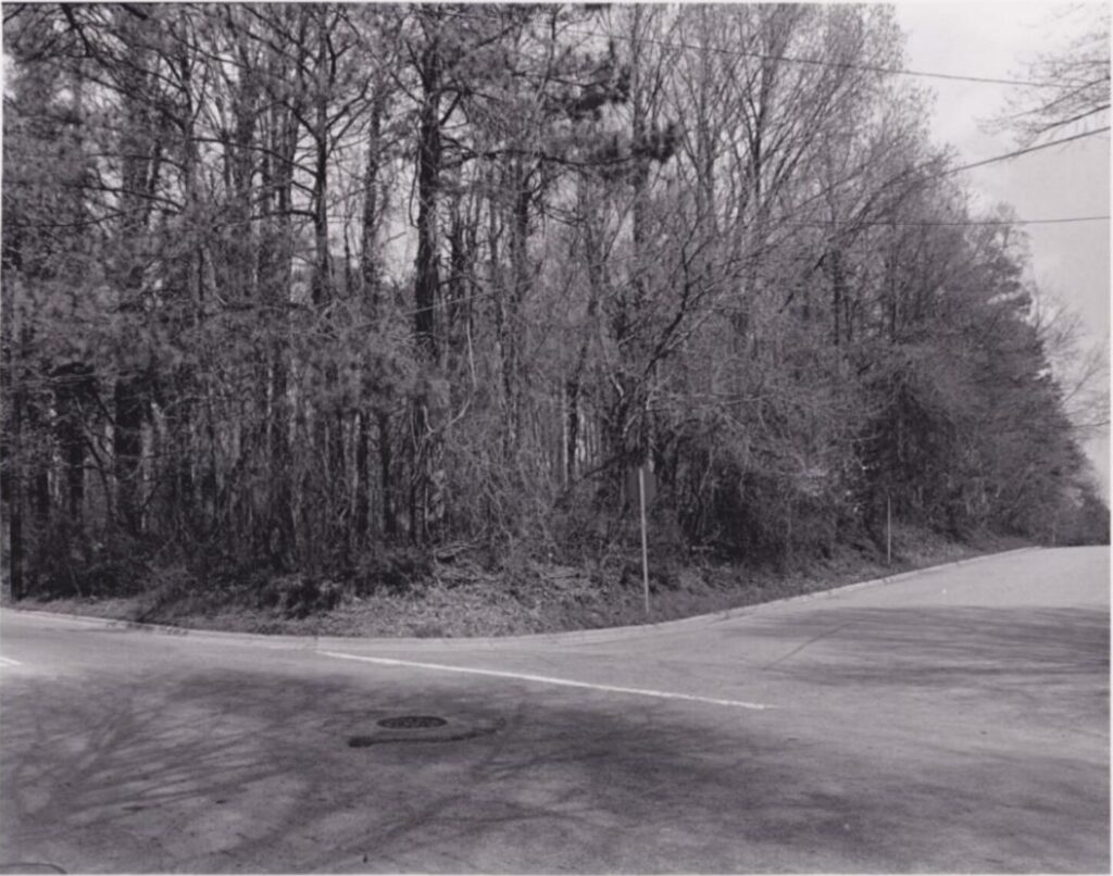 Black and white photo of overgrown woods at the corner of two roads