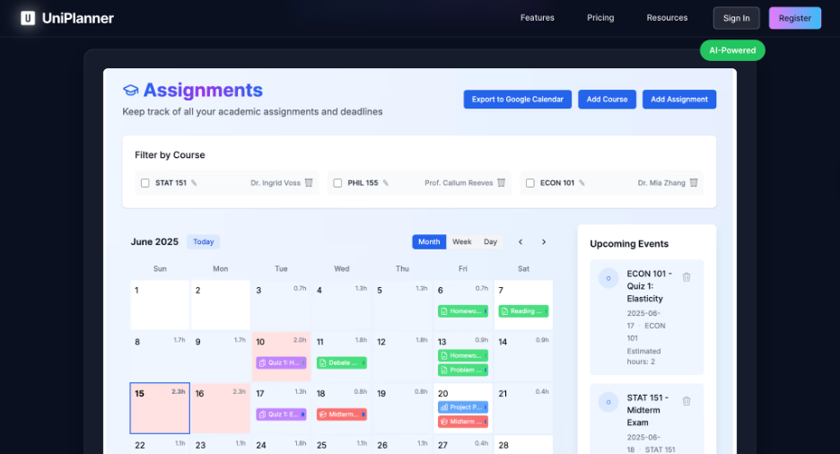 UniPlanner's web interface allows students to track assignments and deadlines across multiple
courses using calendar and unique task management features.