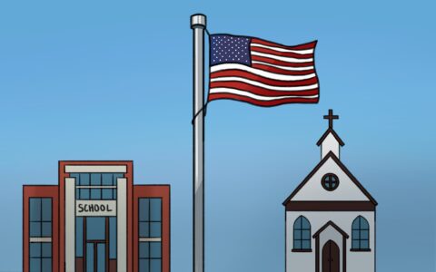 There is a light blue sky background. In the middle ground there is a school building on the left, on the right is a church. In the foreground is an American flag raised on a pole.