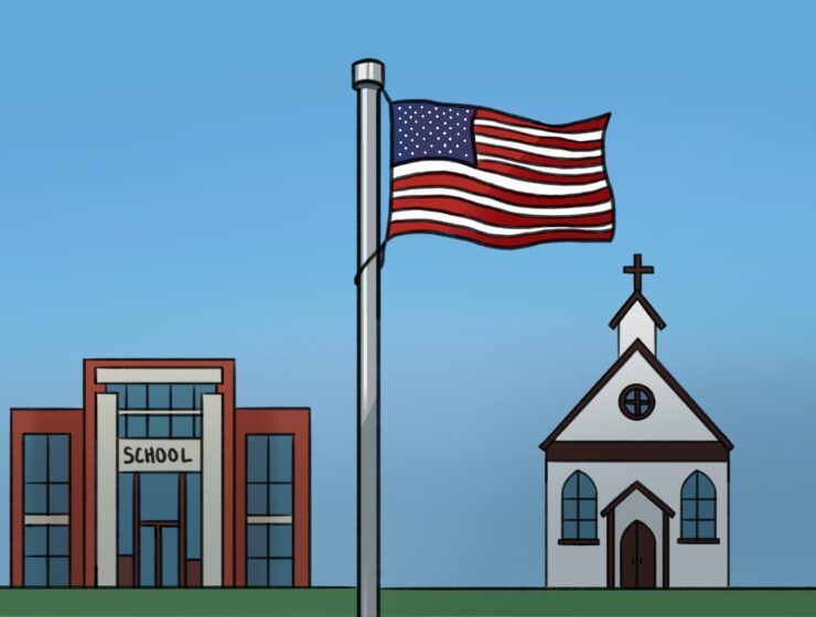 There is a light blue sky background. In the middle ground there is a school building on the left, on the right is a church. In the foreground is an American flag raised on a pole.